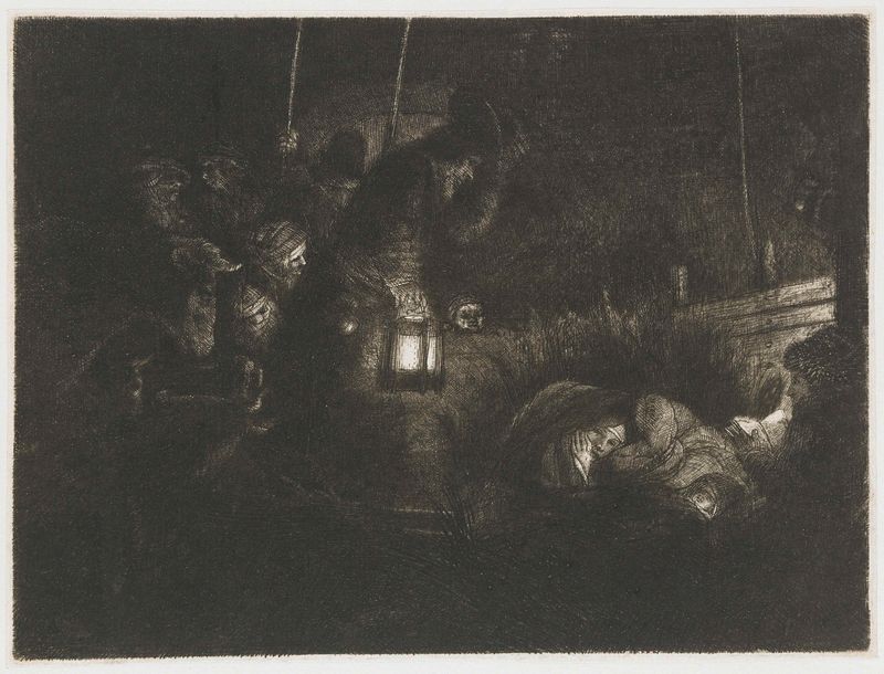 A Adoração dos Pastores: Nocturne, gravura de Rembrandt van Rijn que retrata uma cena de natividade com pastores.