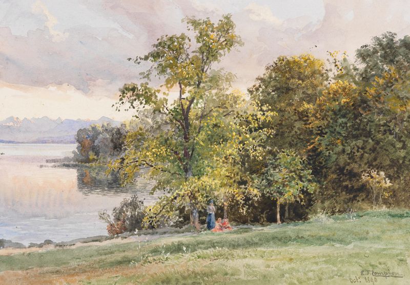 Landschaft am Starnberger See by Edward Theodore Compton, oil on canvas, depicting hills and a tranquil lake.