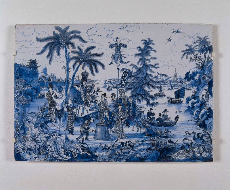 Placa com uma paisagem chinoiserie e detalhes dourados, pintura, artista desconhecido