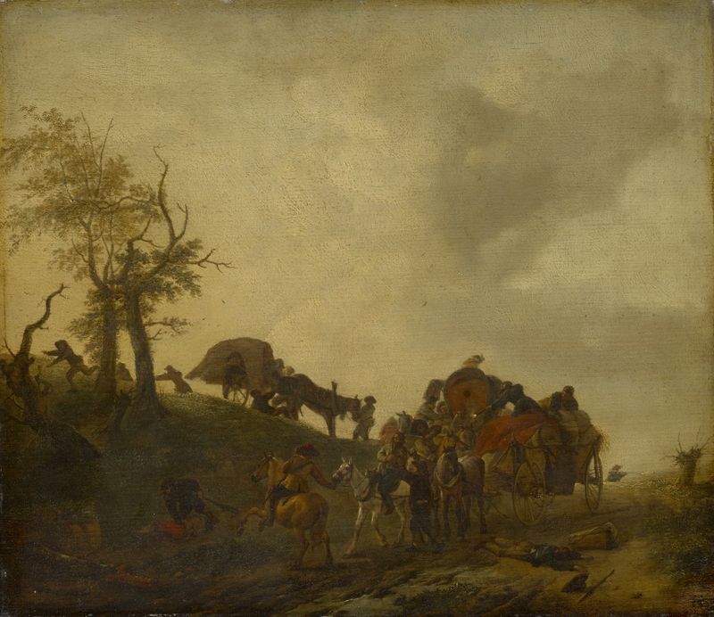 Escena de género que representa viajeros en caos, óleo sobre lienzo de Philips Wouwerman