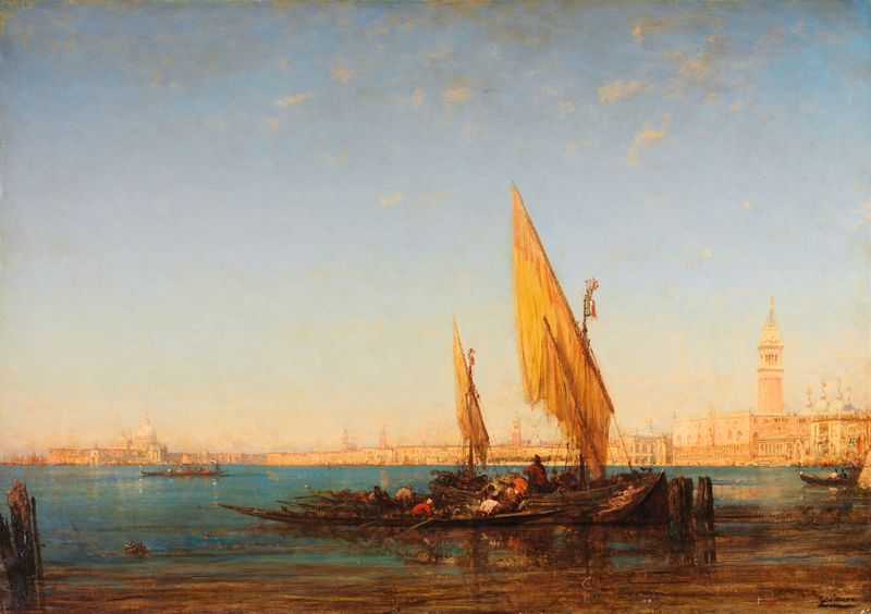 Oil on canvas by Félix Ziem depicting boats gliding on a turquoise canal