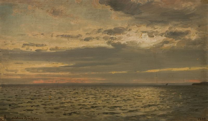Pintura de paisaje al óleo de Amaldus Nielsen que representa el crepúsculo con colores cálidos de atardecer