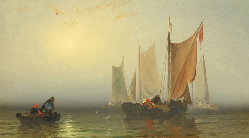 Oil painting by Franklin D. Briscoe depicting a tranquil marine scene with sunset and gentle waves.