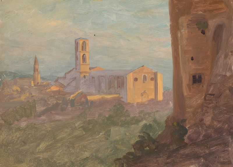 Pintura a óleo de Frederic Edwin Church mostrando uma vila tranquila e montanhas.