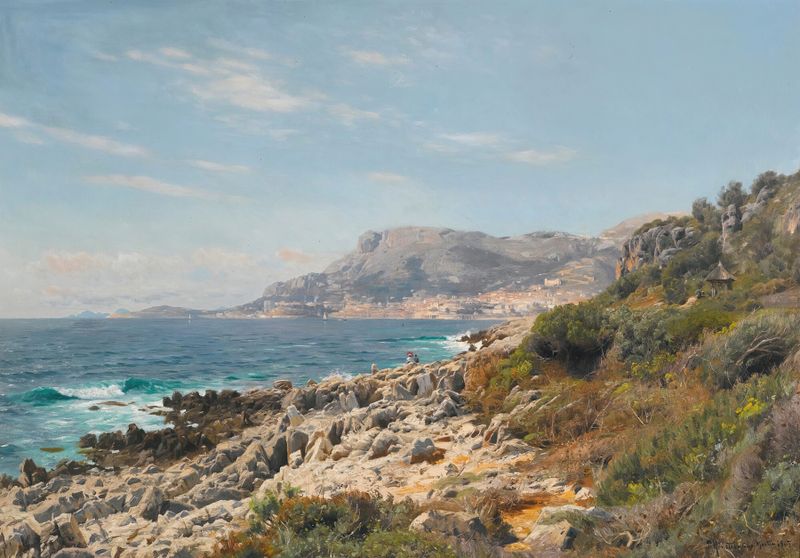Cap Martin de Peder Mørk Mønsted, impressionismo, retratando uma paisagem marinha serena