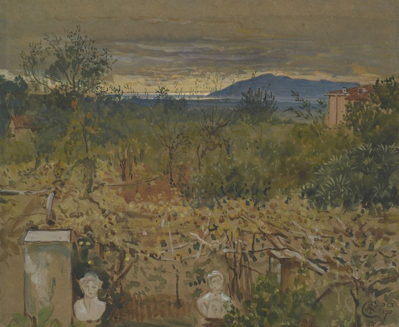 Garden with ruins by Walter Crane, Victorian landscape with flowers and a forgotten structure.