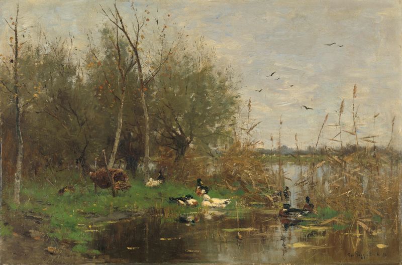 Ducks beside a duck shelter on a ditch, oil painting by Geo Poggenbeek