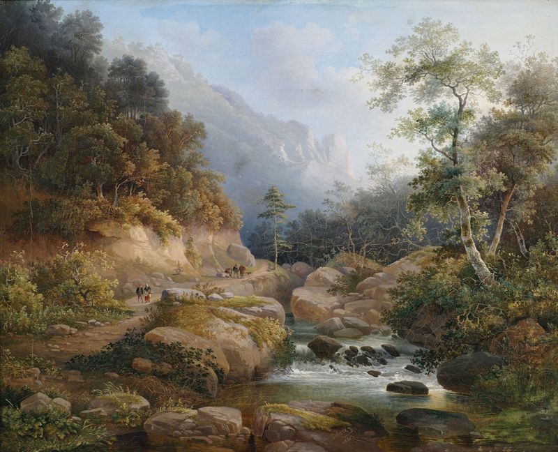 Paisaje con montañas y figuras, óleo sobre lienzo de Pieter Francis Peters