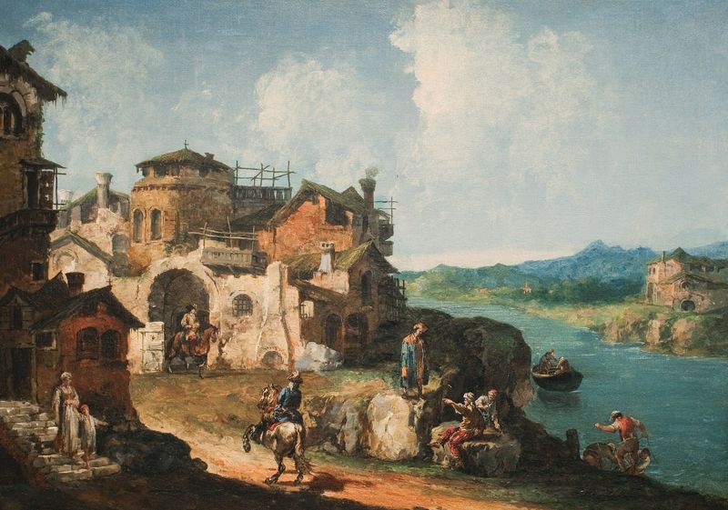 Landscape Capriccio by Michele Marieschi, oil painting depicting serene nature with ruins and trees.