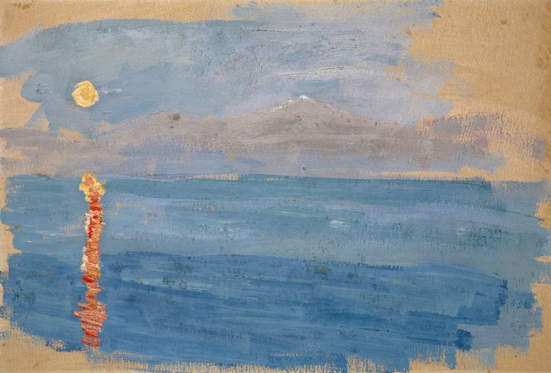 Sunset over a Bay by the Sea, pintura al óleo de Ernst Schiess, con colores vibrantes y un horizonte sereno.