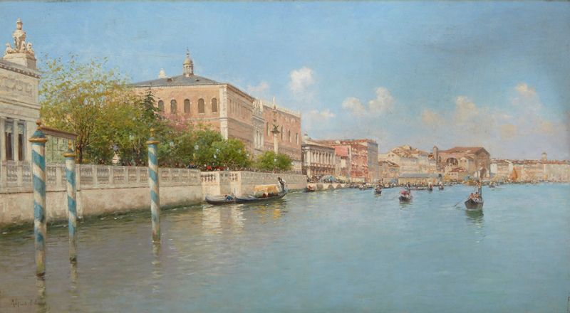 Landscape of the Grand Canal at sunset, oil on canvas by Rafael Senet y Perez