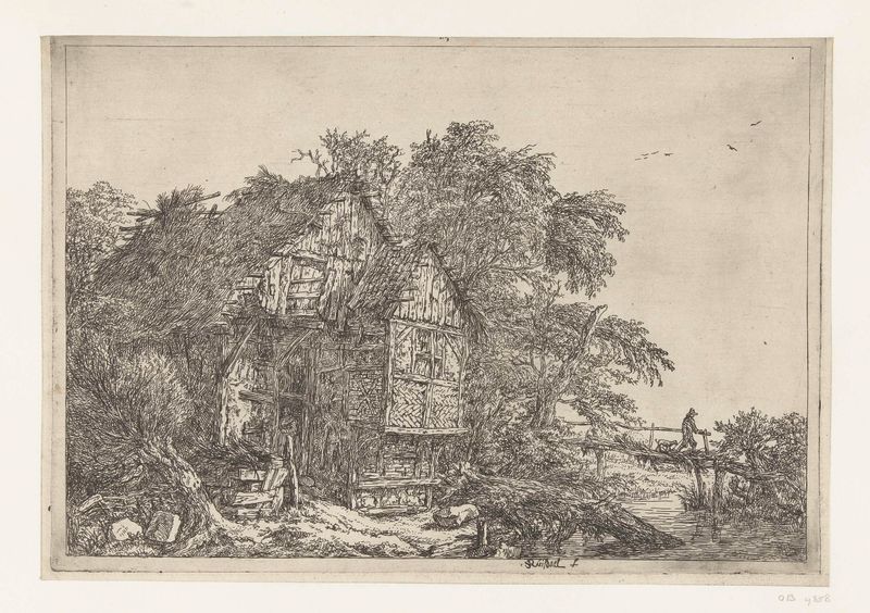 De kleine brug grabado de Jacob Isaacksz van Ruisdael mostrando un puente sobre un arroyo