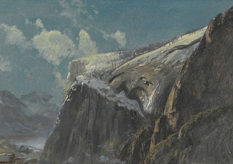 Oil painting by Albert Bierstadt featuring rugged mountains and golden sunlight