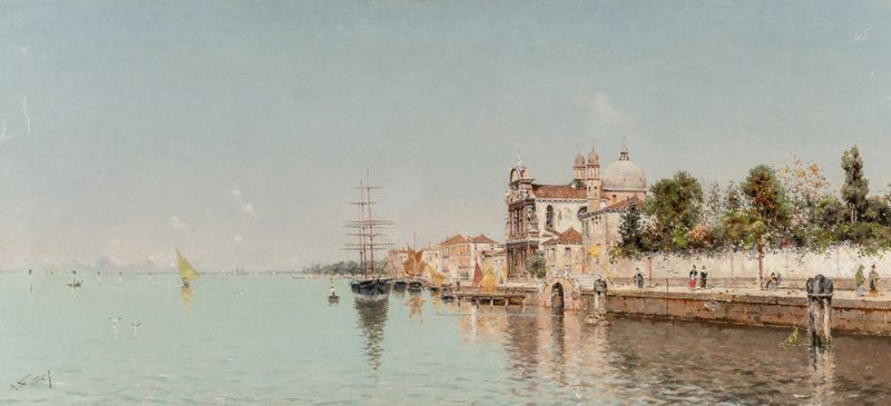 A Venetian waterfront scene by Antonio María de Reyna Manescau, oil painting