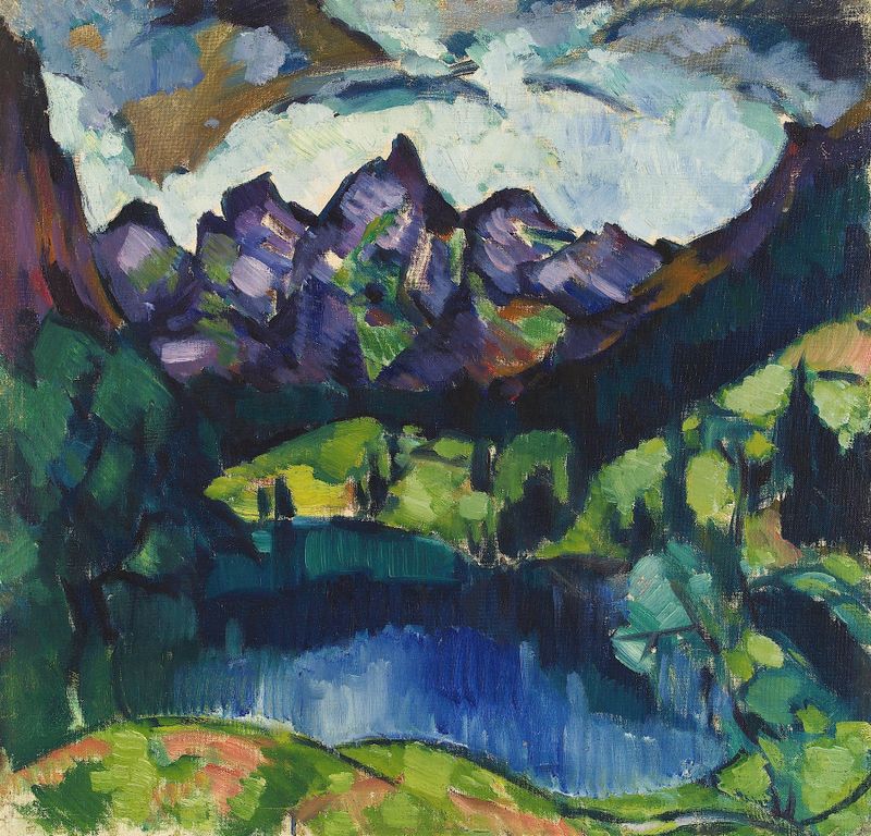 Obersdorfi maastik de Konrad Mägi, óleo sobre lienzo que representa colinas en verde y dorado.