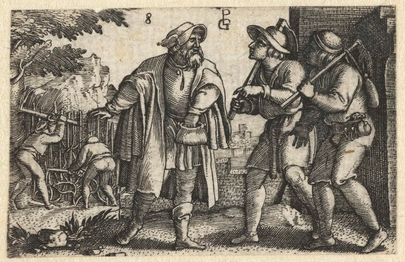 Grabado de Georg Pencz que muestra trabajadores en un viñedo bajo luz celestial