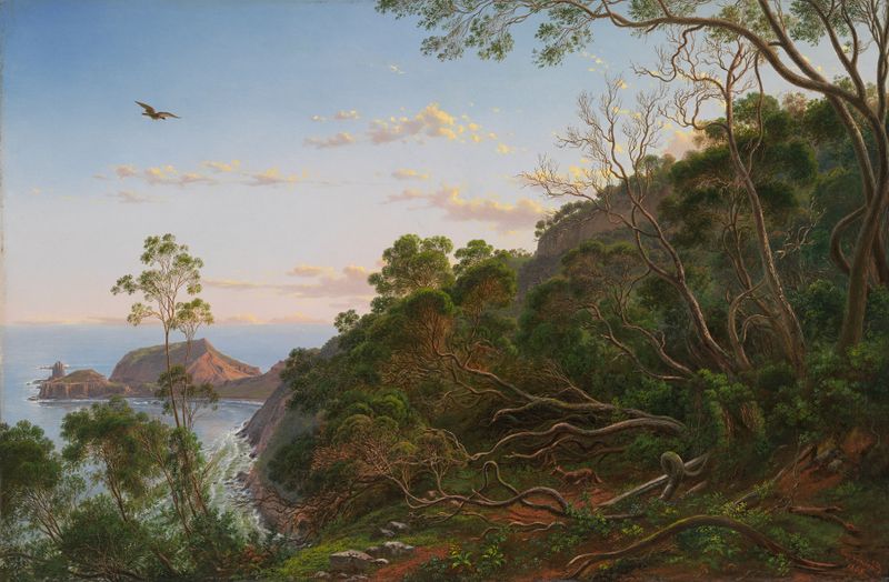 Tea Trees near Cape Schanck, Victoria by Eugène von Guérard, oil painting of tea trees and foliage.