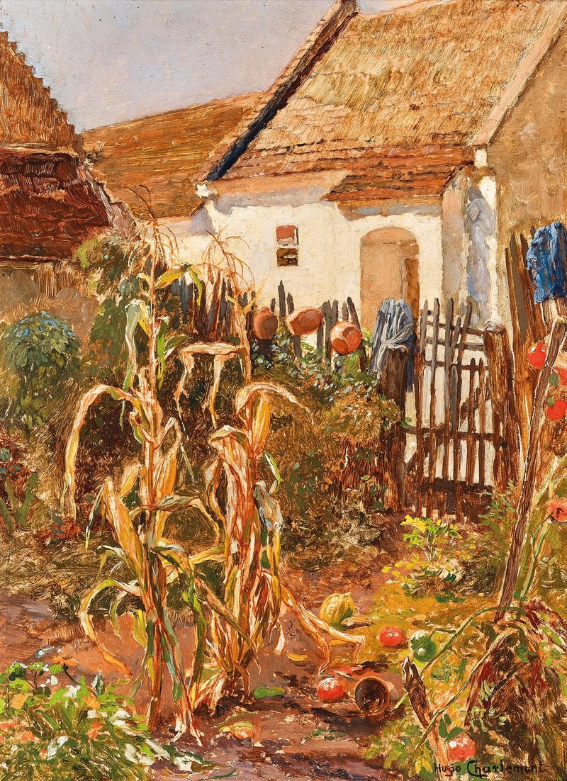 A rustic garden scene with a figure tending flowers, by Hugo Charlemont, medium unknown.