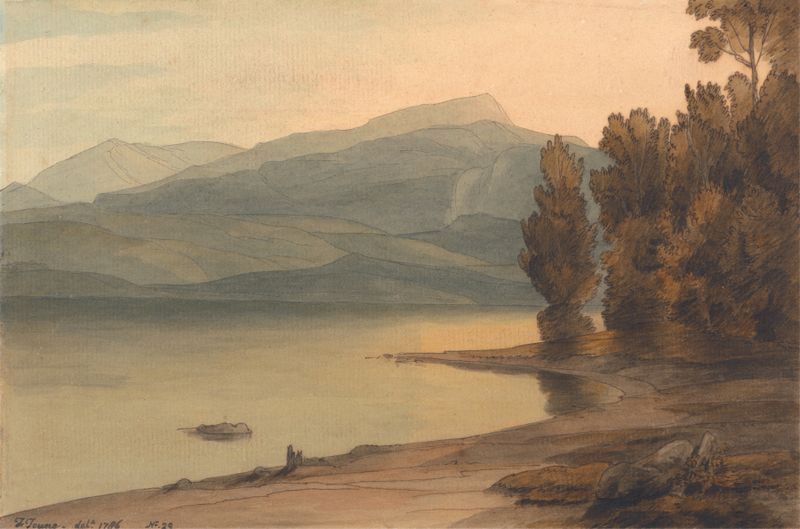 Windermere at Sunset, acuarela sobre papel de Francis Towne, que representa un lago tranquilo al atardecer.