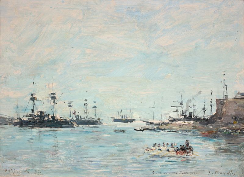 Escena marina con barcos en el puerto, pintura al óleo de Eugène Boudin