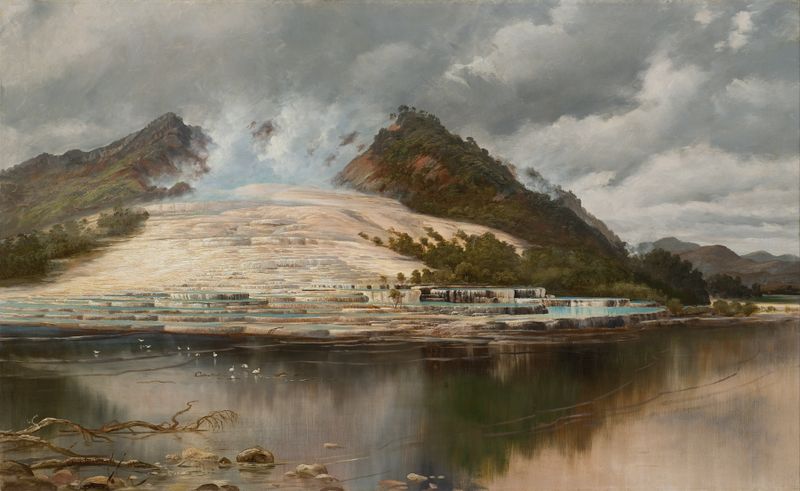 White Terraces, Rotomahana de Charles Blomfield, pintura a óleo que retrata terraços e vapor.