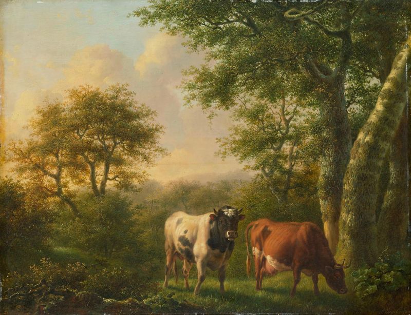 Landscape with Cattle by Adolf Karel Maximiliaan Engel, oil on panel depicting cattle in a serene landscape.