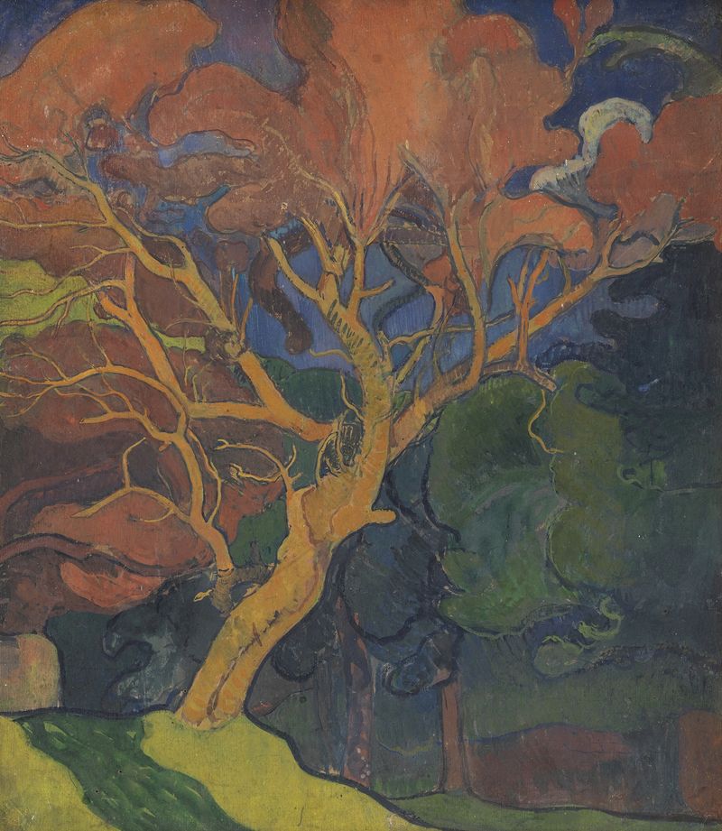 Wood with Crooked Tree de Mogens Ballin, retratando uma árvore torta em uma floresta, pintura a óleo