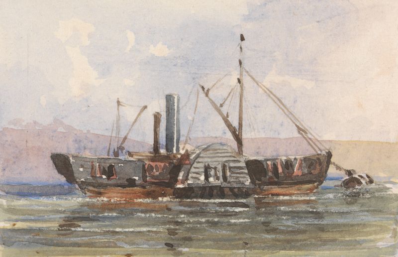 A tug vessel in turbulent waters, oil painting by George Jackson