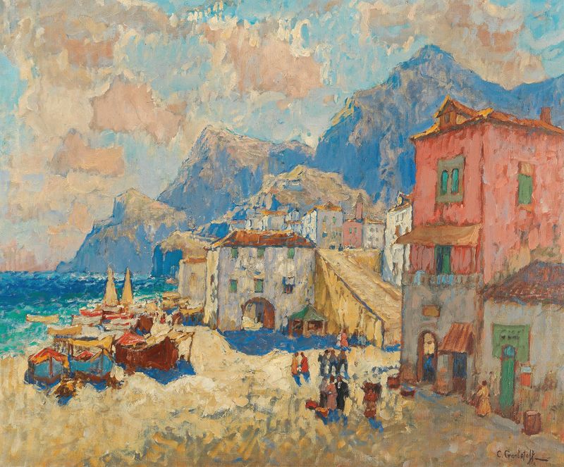 Coastal landscape with waves, buildings, and sunlight by Konstantin Ivanovich Gorbatov, Impressionism