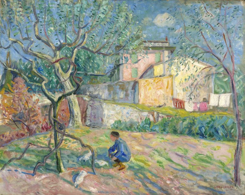 Landscape by Lars Jorde, 1911, depicting soft hills and a sunset in pastel colors.
