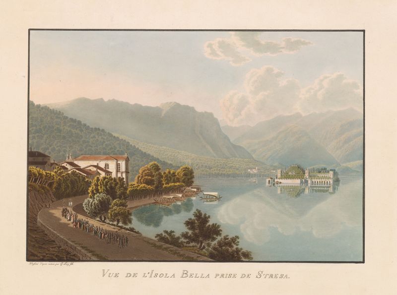 Vue de l’Isola Bella prise de Stresa, oil on canvas by Gabriel Lory the Younger, depicting a serene landscape.