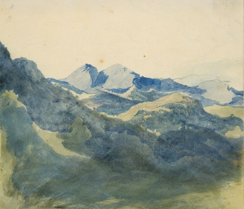 Landscape with Blue Mountains de Franz Theobald Horny, óleo que muestra suaves montañas azules bajo un cielo pálido.