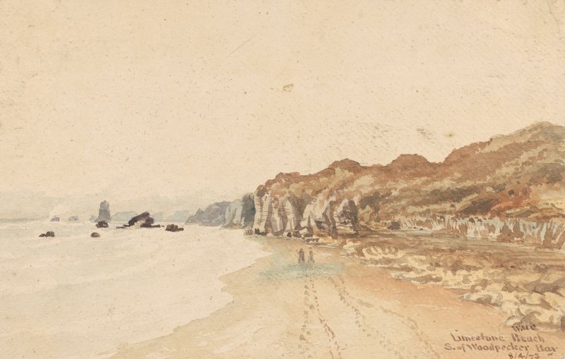 Limestone Beach S. of Woodpecker Bar by William Marshall Cooper, oil painting depicting rugged rocks and gentle waves.