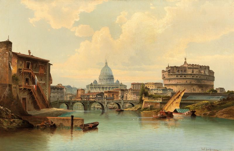 Roma, Vista do Castel Sant’angelo por Karl Kaufmann, pintura a óleo que retrata um castelo ao entardecer