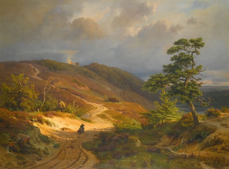 Rider In A Landscape de Ludwig Gurlitt, óleo sobre tela que retrata um cavaleiro em uma floresta.