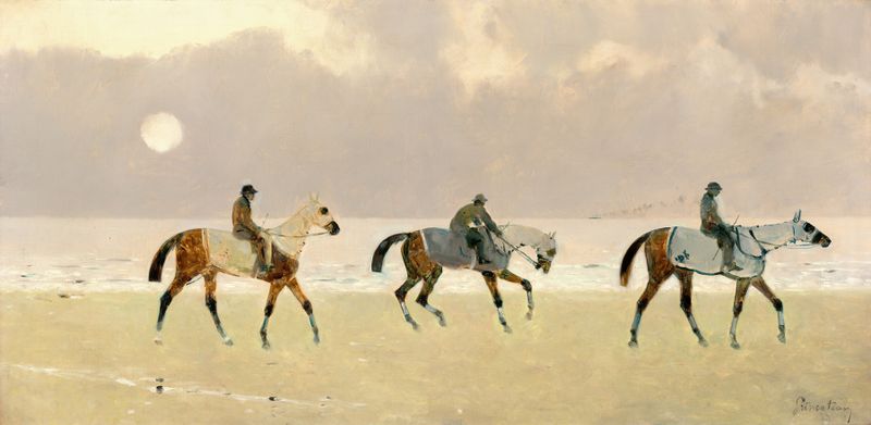 Riders on the Beach at Dieppe, pintura a óleo de René Princeteau, com cavalos galopando em uma praia ensolarada.