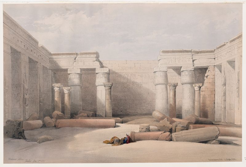 Litografía de David Roberts que representa Medinet Abou con luz del sol iluminando jeroglíficos.