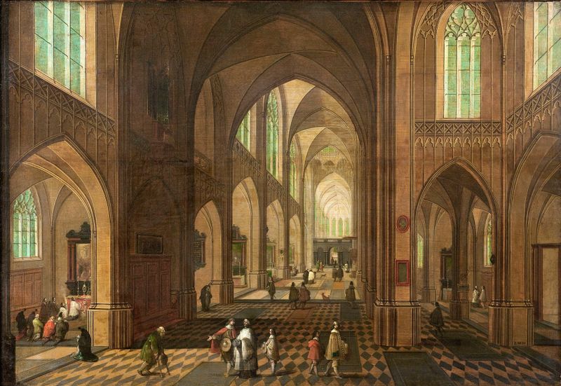 Interior of a church with stained glass, oil on panel by Pieter Neeffs the Elder