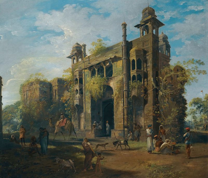 View Of The Gate Of The Lal Bagh, Dacca de Robert Home, que representa una puerta arquitectónica rodeada de follaje.