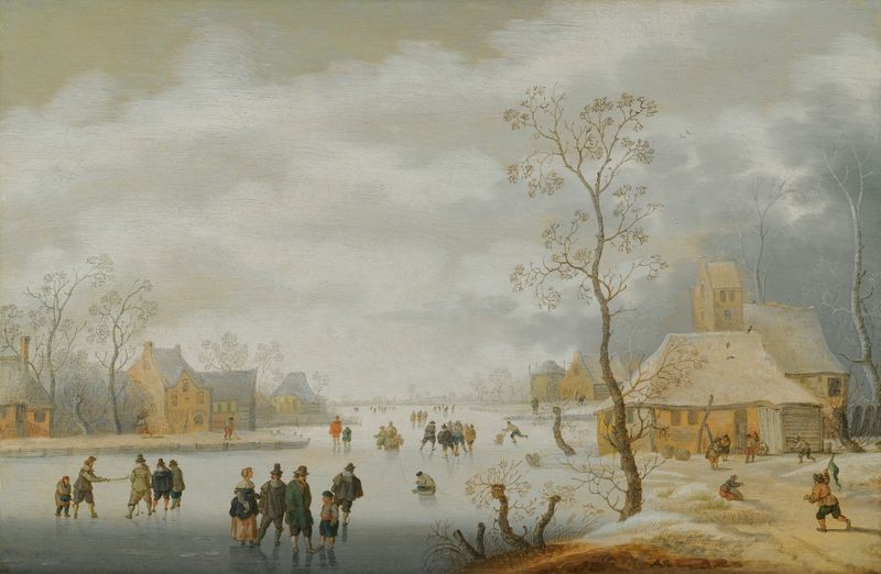 Un paisaje invernal con figuras patinando en un río helado, óleo sobre lienzo de Anthonie Verstraelen.