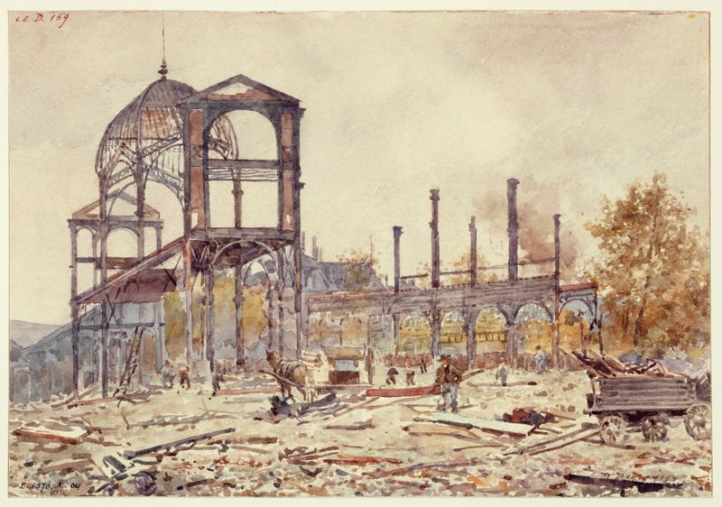 Les travaux du Marché du Temple de Marie-Désiré Bourgoin, óleo sobre tela que retrata uma cena de mercado animada.