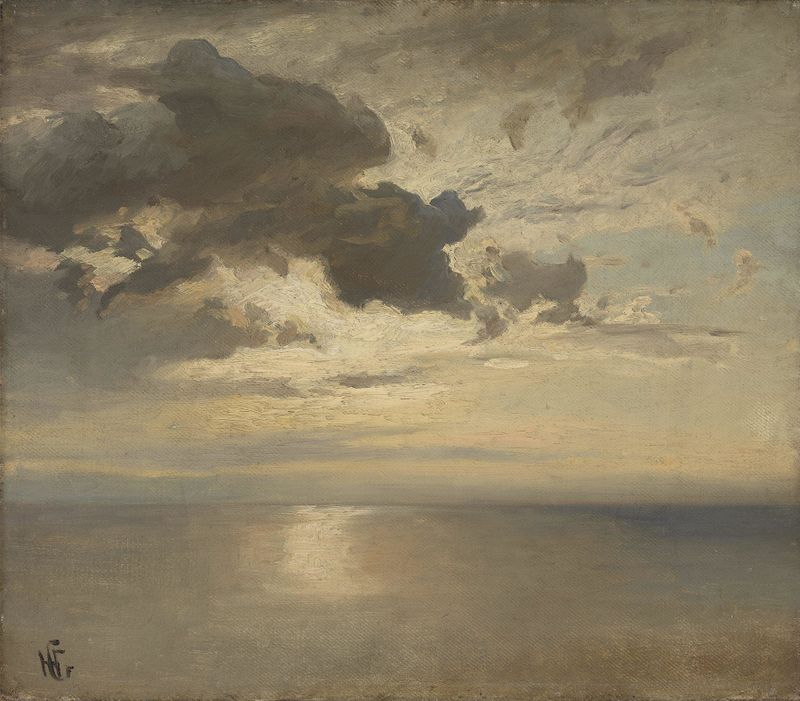 Cloud Study over the Sea de Hans Gude, óleo sobre tela mostrando nuvens sobre um mar tranquilo.
