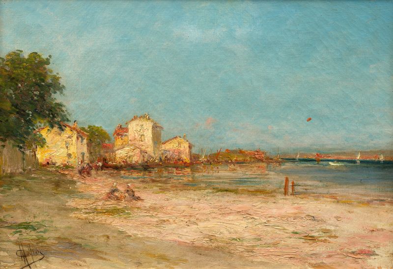 Paisagem de La pointe du Brusc por Henry Malfroy, pintura a óleo que retrata o mar e o céu.