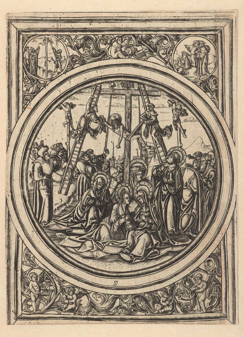 Engraving by Monogrammist S depicting the crucifixion with figures in light and shadow
