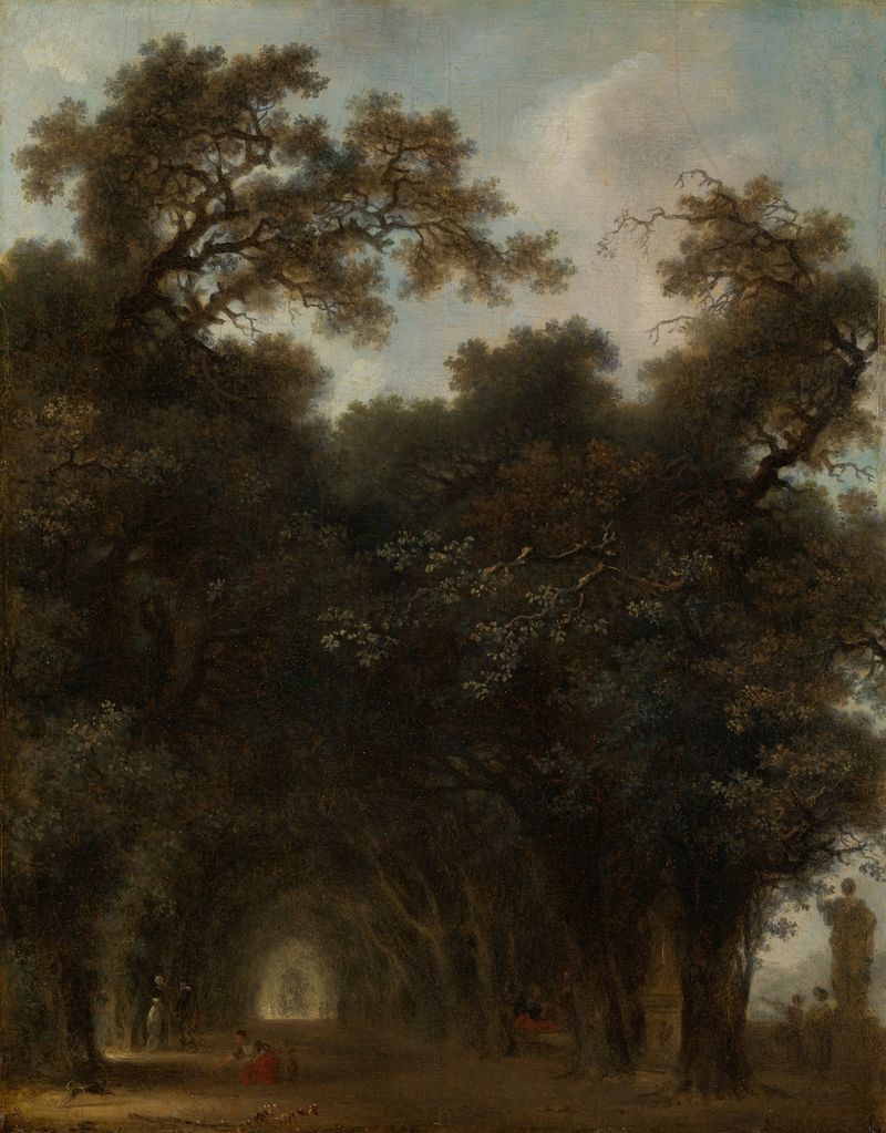 Paisaje rococó de Jean-Honoré Fragonard, con una avenida sombreada y follaje iluminado por el sol.