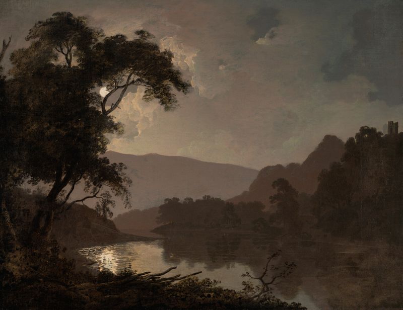 A moonlit landscape de Joseph Wright of Derby, pintura al óleo que muestra la luz de la luna sobre el agua y los árboles.