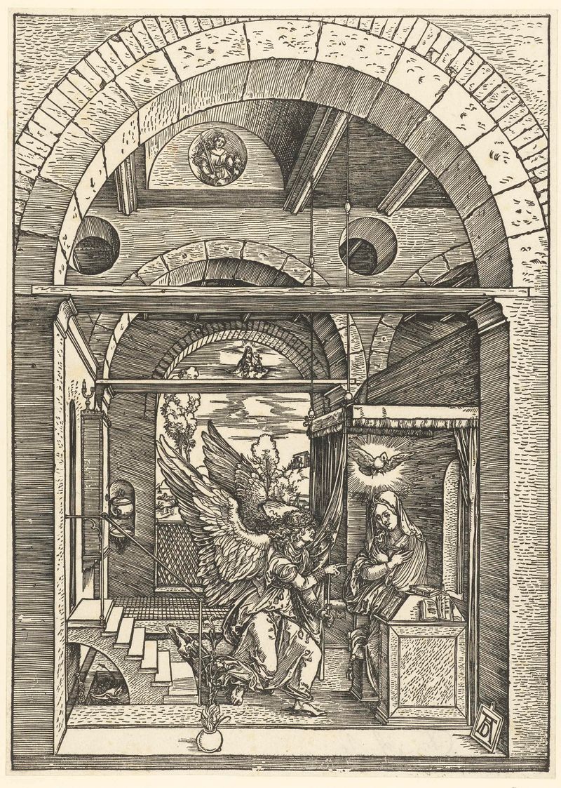 Annunciatie de Albrecht Dürer, obra en papel que muestra un ángel con alas y elementos divinos.