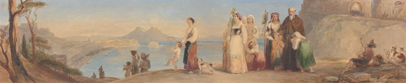 Festa di San Antonio, Bay of Naples de Thomas Uwins, óleo que muestra una multitud animada celebrando a la luz del sol.