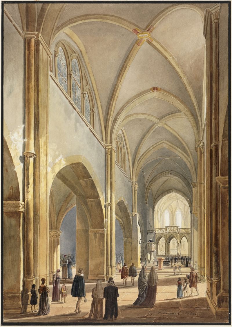 Interior of a church with intricate arches and soft light by Carl Ludwig Frommel, oil painting