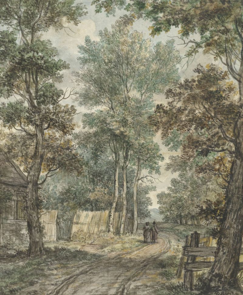 Paisagem com caminhantes em um caminho florestal, pintura a óleo de Jurriaan Andriessen